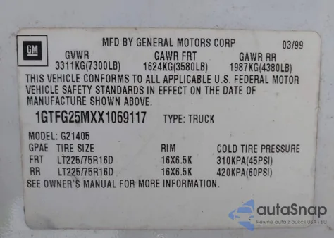 1999 GMC Savana Standard из США, поврежденный, VIN 1GTFG25MXX1069117